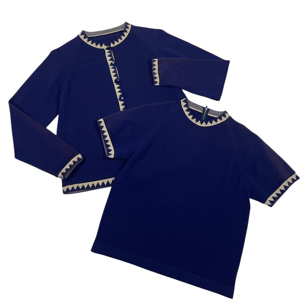 Vintage Women’s Cardigan & Short Sleeve Top Set Small Blue Cream Geometric Trim